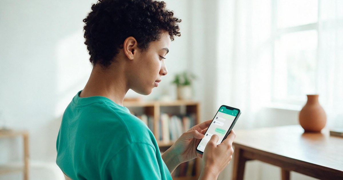 Pessoa lê uma conversa no celular em ambiente claro com detalhes verde-azulados